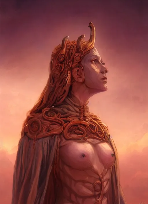 Image similar to biblical beautiful female druid android, birdlike, glowing veins, in clouds, sunset, portrait by wayne barlowe, by peter elson, by anato finnstark, muted colors, by frank frazetta, extreme detail, reflections, trending on artstation, 8 k