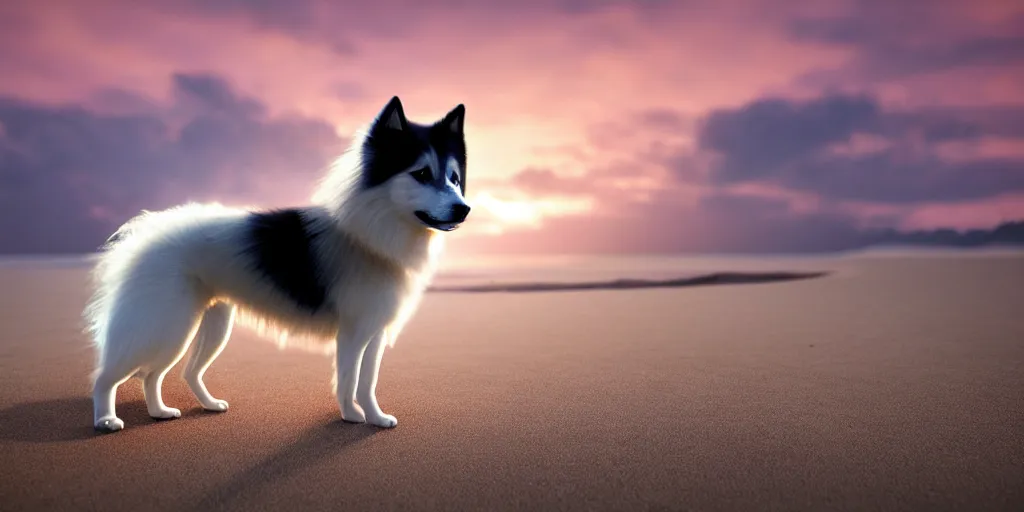 Image similar to a closeup photorealistic photograph of a cyborg japanese spitz on the beach at sunset. part dog part machine, pipes and wires glowing eyes. this 4 k hd image is trending on artstation, featured on behance, well - rendered, extra crisp, features intricate detail and the style of unreal engine. golden hour