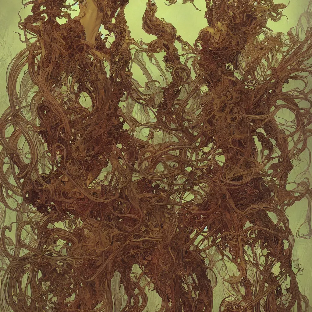 Image similar to veiny fungus demon monsters by chris mars and alphonse mucha, intense lighting, intricate, elegant, nightmare, highly detailed, digital painting, artstation, concept art, smooth, sharp focus, illustration