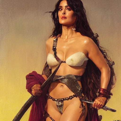 Prompt: A painting of Salma Hayek wearing a chainmail bikini and holding an axe ,by Stanley Artgerm Lau, Greg Rutkowski, Thomas Kinade ,Alphonse Mucha, Loish, Norman Rockwell ,trending on artstation , rule of thirds ,HD 4k , focus face , body