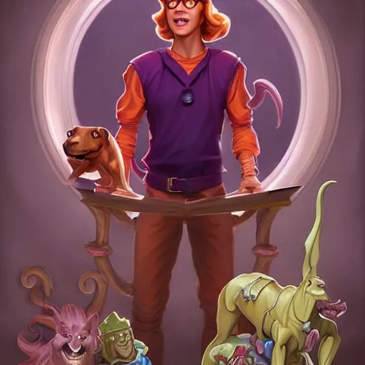 Image similar to fred from scooby - doo ( 1 9 6 9 ), d & d, fantasy, intricate, elegant, highly detailed, digital painting, artstation, concept art, matte, sharp focus, illustration, hearthstone, art by artgerm and greg rutkowski and alphonse mucha