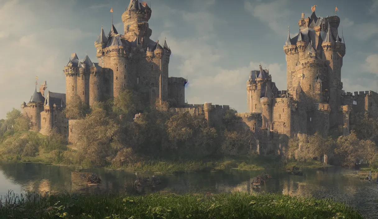 Prompt: a beautiful painting of a castle surrounded by a moat, cinematic angle, movie concept, trending on artstation, octane render, 8 k, ultra high detail