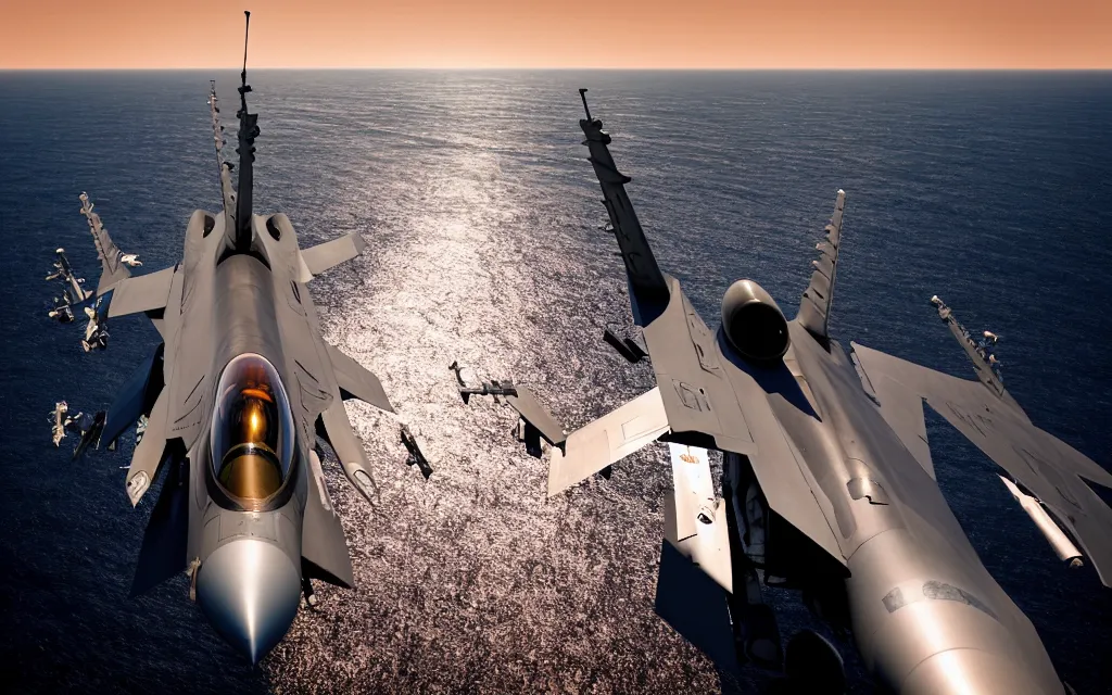 Prompt: full - view photo of an f 1 6 jet plane on an aircraft carrier deck in the sunset, hyperrealistic 8 k photo