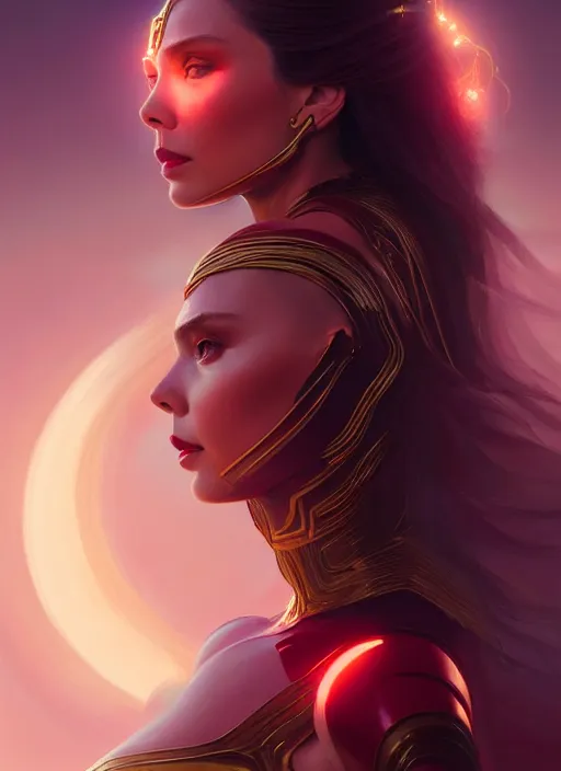 Image similar to portrait of modern darna, elizabeth olsen, intricate, elegant, glowing lights, highly detailed, digital painting, artstation, glamor pose, concept art, smooth, sharp focus, illustration, art by wlop, mars ravelo and greg rutkowski