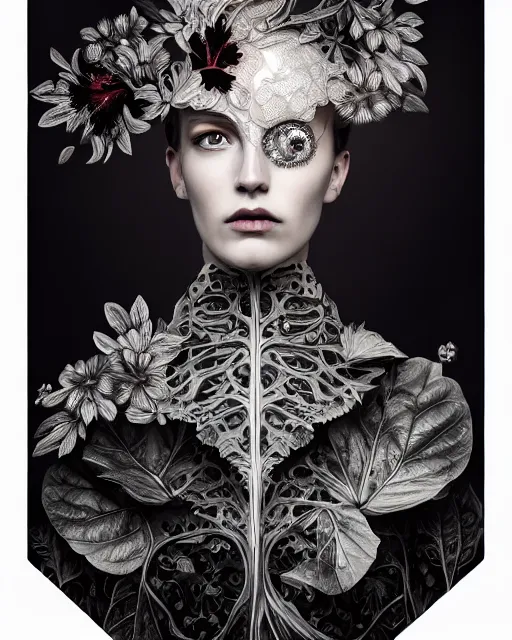 Image similar to monochrome profile portrait painting, dutch masters, silver lace floral steampunk biomechanical beautiful young female cyborg with one techno eye, monocular, volumetric light, leaves foliage and stems, hibiscus flowers, alexander mcqueen, rim light, big gothic fashion pearl embroidered collar, 8 k