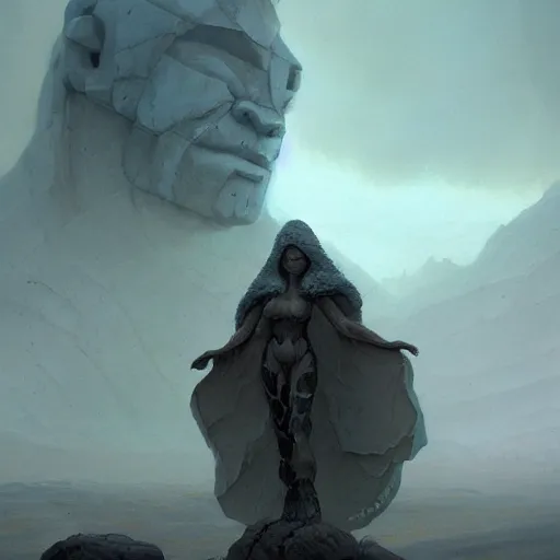 Image similar to stone humanoid colossus by grzegorz rutkowski and richard wright and peter mohrbacher and dan scott, atmospheric haze, stormy, tundra, tiny woman in cloak in foreground silhouette, large scale