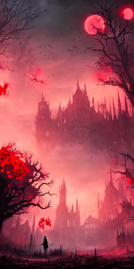 Image similar to abandoned bloodborne old valley with a person at the centre and a ruined gothic city at the end, trees and stars in the background, falling red petals, epic red - orange moonlight, perfect lightning, wallpaper illustration by niko delort and kentaro miura, 4 k, ultra realistic