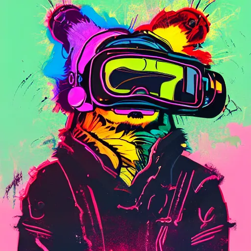 Image similar to illustration of cyberpunk raccoon in vr helmet, colorful splatters, by andy warhol and by zac retz and by kezie demessance