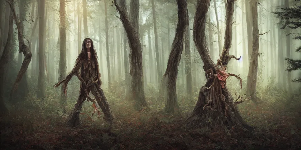 Image similar to a wood spirit in the trees, photorealistic, by wlop, 4 k resolution h 7 6 8