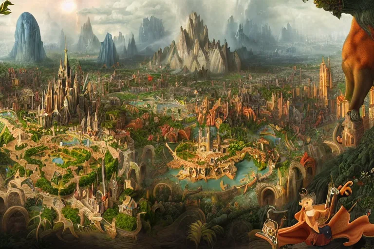 Image similar to a fantastic complex detailed matte painting of a magical city with many fanciful creatures by Heironymous Bosch