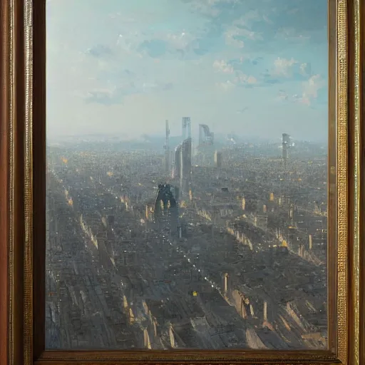 Image similar to the trappings of modern life, a view from the penthouse, oil painting by greg rutkowski