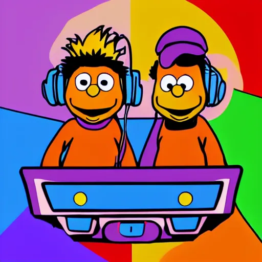 Image similar to svg sticker of a Pop-Wonder Bert&Ernie, Sesame-Street, at a rave, spinning records, giant headphones rocking out, wearing headphones, huge speakers, dancing, rave, DJ, spinning records, digital art, amazing composition, rule-of-thirds, award-winning, trending on artstation, featured on deviantart