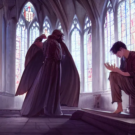 Image similar to angel protecting man who is praying inside a gothic church by Stanley Artgerm Lau, WLOP, Rossdraws, James Jean, Andrei Riabovitchev, Marc Simonetti, Yoshitaka Amano, ArtStation, CGSociety