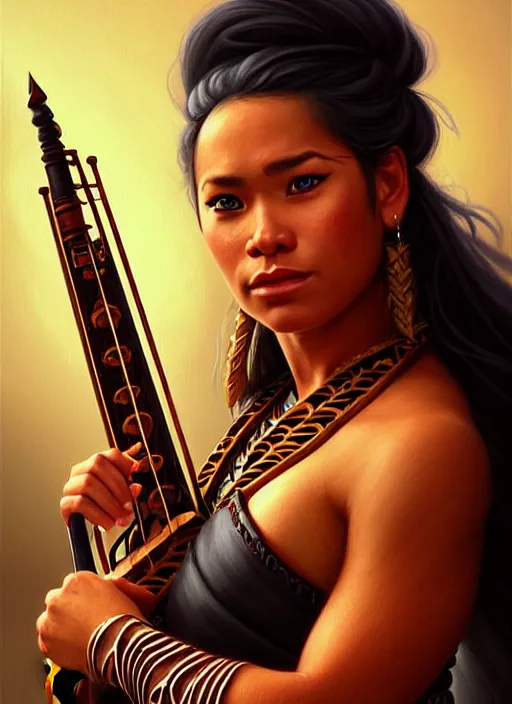 Prompt: a _ fantasy _ style _ portrait _ painting _ of samoan female charismatic bard playing instrument, rpg dnd oil _ painting _ unreal _ 5 _ daz. _ rpg _ portrait _ extremely _ detailed _ artgerm _ greg _ rutkowski _ greg