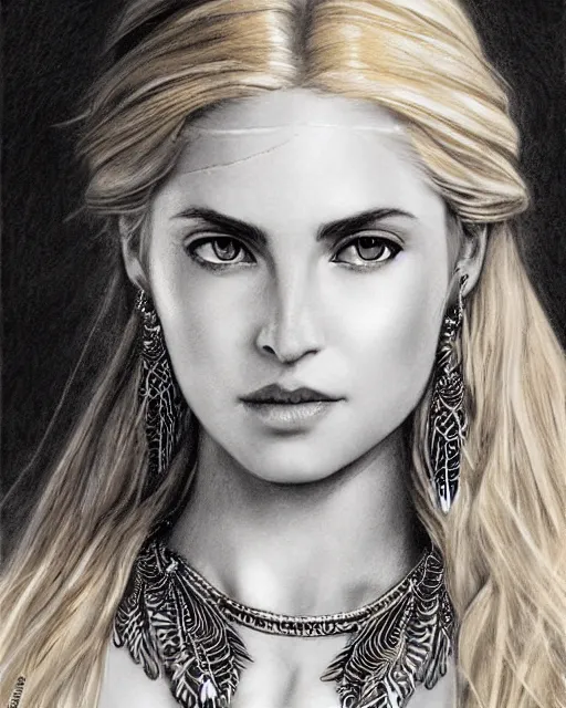 Prompt: pencil sketch of beautiful greek goddess aphrodite with arrowhead earrings and beautiful feather jewelry, beautiful piercing eyes, beautiful blonde hair, hyper realistic face, in the style of greg rutkowski, fantasy, amazing detail, epic, elegant, smooth, sharp focus, from the front