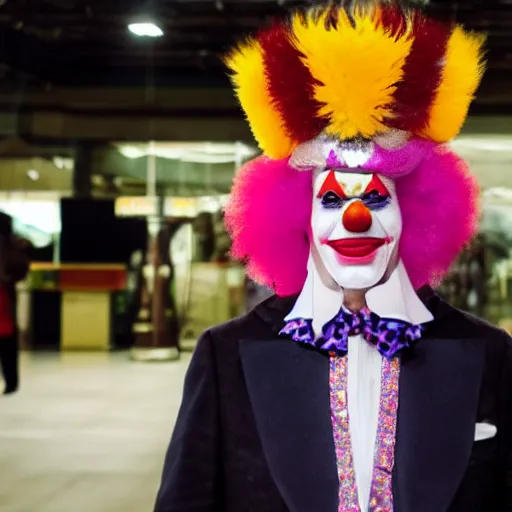 Image similar to UHD candid photo of Klaus Schwab dressed as flamboyant emperor wearing dunce cap, wearing extremely accurate clown makeup, accurate face, UHD, photorealistic, correct face, photo by Annie Leibowitz