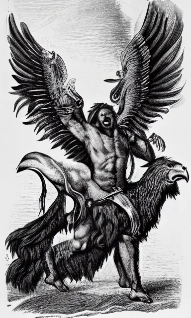 Image similar to human / eagle / lion / ox hybrid with two horns, one beak, mane and human body. drawn by da vinci