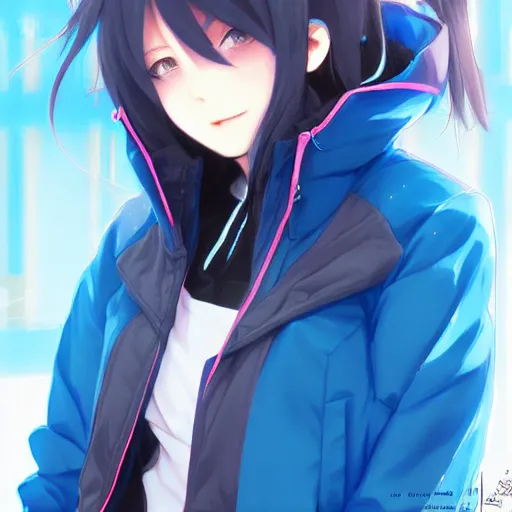 Image similar to ene from mekakucity actors, wearing blue jacket, cool color palette, digital art by aramaki shinji, by artgerm, by cushart krenz, by wlop, colorful, insanely detailed and intricate, hypermaximalist, elegant, ornate, hyper realistic, super detailed