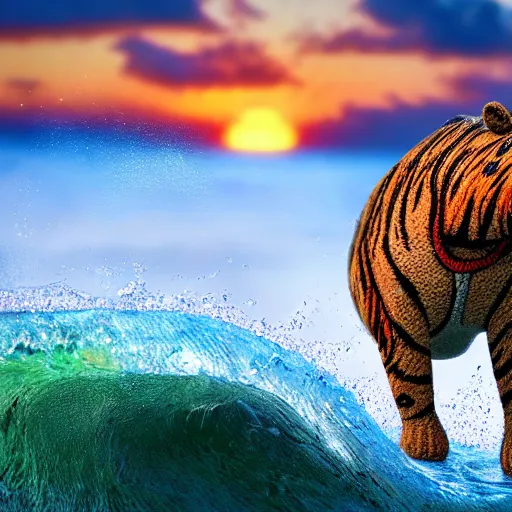 Image similar to a closeup photorealistic photograph of a cute smiling knitted tiger hippopotamus riding a wave at sunset. surf in background. professional capture. brightly lit scene. this 4 k hd image is trending on artstation, featured on behance, well - rendered, extra crisp, features intricate detail, epic composition and the style of unreal engine.