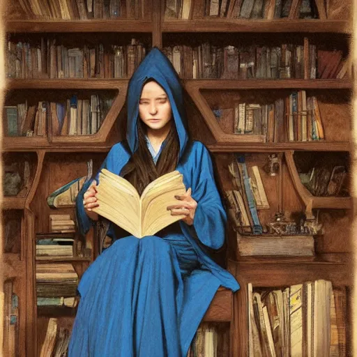 Prompt: a female wizard with brown hair wearing a blue hood and blue robe sitting at a wooden desk reading a book with bookcases behind her, fantasy, highly detailed, digital painting, artstation, concept art, character art, art by greg rutkowski and tyler jacobson and alphonse mucha