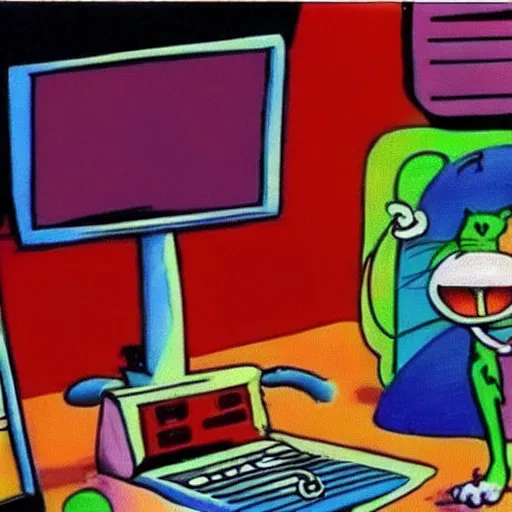 Prompt: computer monitor with a cat stuck inside, surreal, colorful, Ralph Bakshi