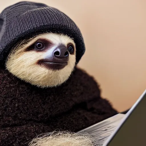 Prompt: A fluffy baby sloth with a knitted hat trying to figure out a laptop, close up, highly detailed, studio lighting, screen reflecting in its eyes