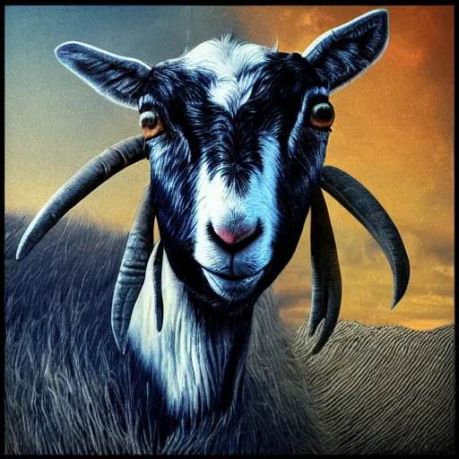 Image similar to Epic Album art cover, hayloft, goat with a gun, trending on artstation, award-winning art