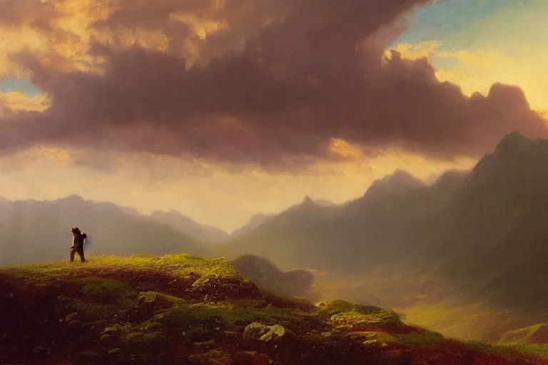 Prompt: a traveler wandering trough the mountains looking at the clouds, very detailed, focused, oil painting, cinematic lighting, albert bierstadt, trending on artstation, colorful, canvas, sunset, hans dahl, theodor kittelsen, hermann hendrich, national geographic, Konstantin Yakovlevich Kryzhitsky, beautiful nature, breathtaking