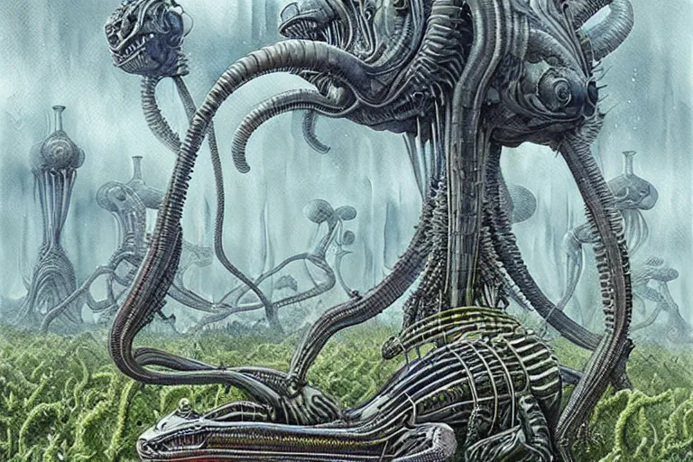 Prompt: a surreal and awe - inspiring science fiction landscape, alien plants and animals, intricate, elegant, uplifting, happy, inspirational, highly detailed watercolor painting by h. r. giger and simon stalenhag