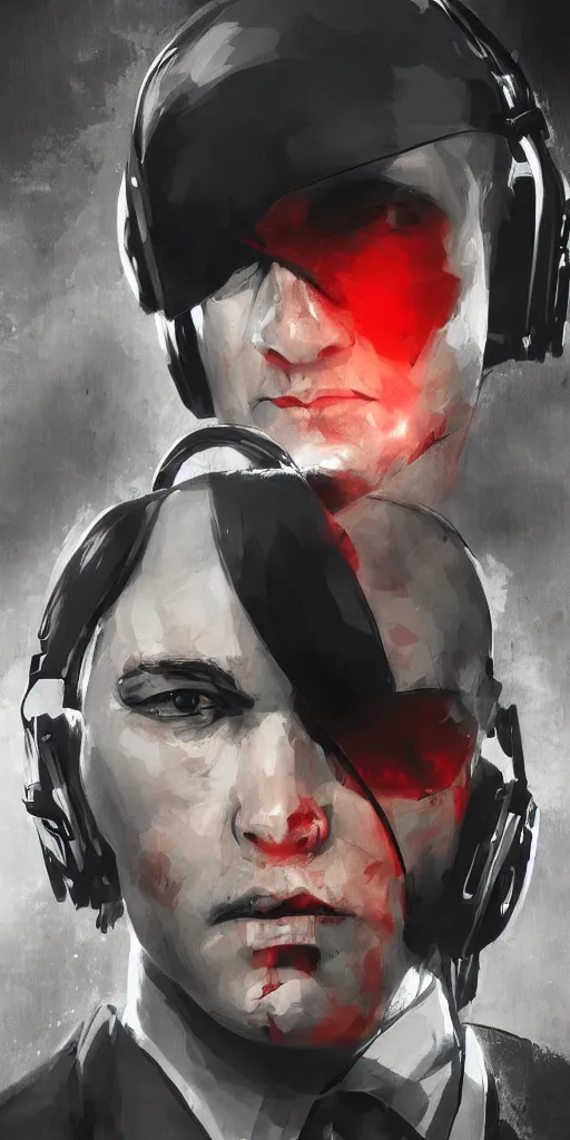 Image similar to a portrait of agent 4 7 from hitman wearing headphones, dark background, red rim light, digital art, artstation, art by yoji shinkawa