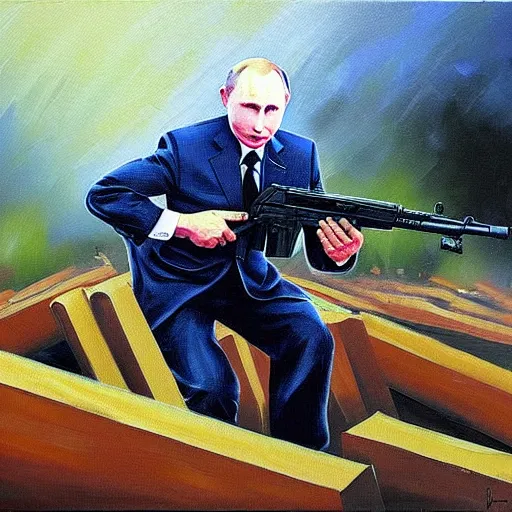 Prompt: Putin is sitting in the trenches and defending himself from Ukrainian troops, modern painting style