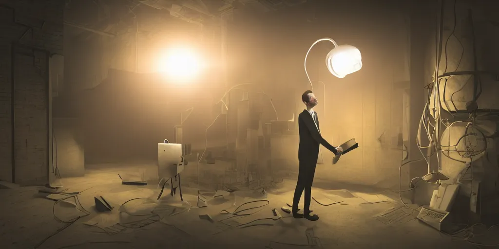 Image similar to scientist is holding a folder, he is in shock, dark building, the folder glows and lights up his face, professional lighting, 3 d digital modeling, movie scene, concept art, detailed art,