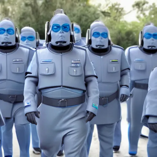 Prompt: troop jack black clones with white bob hairdos, tight light blue and lavender neopren suits, futuristic cloning facility, sci - fi, highly detailed, cinematic