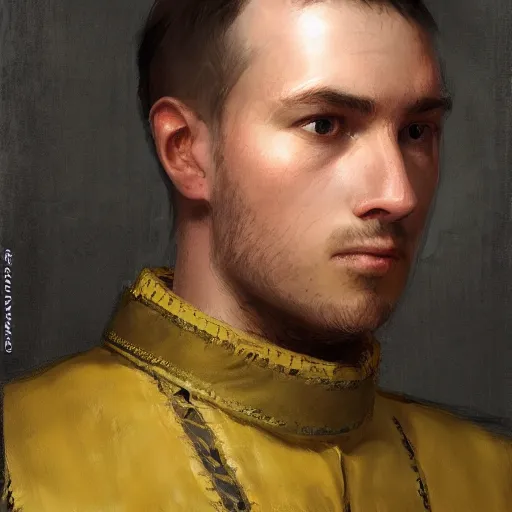 Image similar to Medium closeup young idealistic and pious homely male Imperial soldier wearing a black tabard with light yellow accents over a gambeson and a barbute!!!!! helm, by Raymond Swanland Greg Rutkowski Lise Deharm, {perfect face}, {perfect eyes}, {uncertain look}, {on edge}