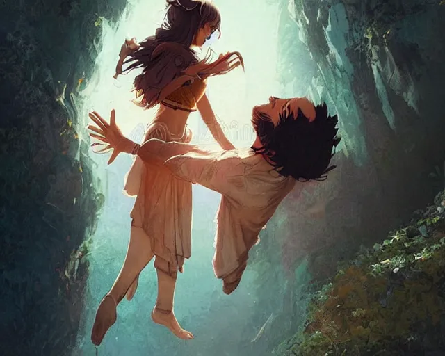 Image similar to a cinematic boy girl traditional romance moment, exploring the caves boho clothing, full body illustration, bestselling movie art poster, official media, 1970s fashion, dynamic lighting official anime media, incredible art by artgerm and greg rutkowski