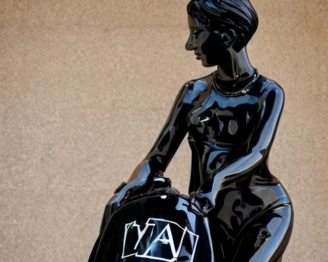 Image similar to very beautiful black marble female statue with colorful motorcycle logos in the style of matthew williams, alyx, givenchy, sharp focus, clear, detailed, cinematic, glamourous, symmetrical, vogue, editorial