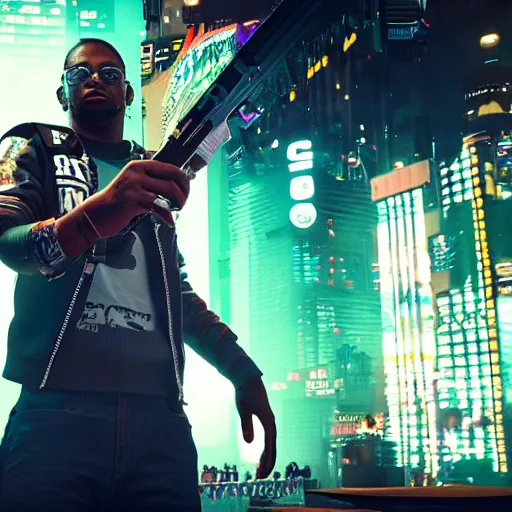 Image similar to 2 1 savage rapping on a stage in front of a crowd in cyberpunk 2 0 7 7, gameplay screenshot, detailed