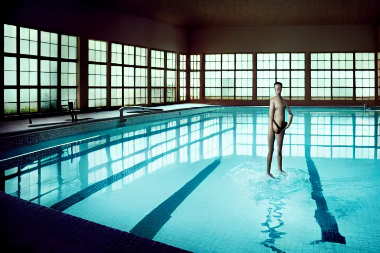 Image similar to portrait at an indoor swimming pool, photography by gregory crewdson, cinematic, elegant, real dlsr photography, sharp focus, 4 k, ultra hd, sense of awe