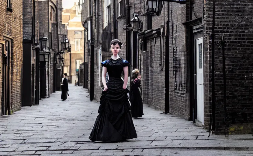 Image similar to photorealistic young Victorian woman wearing a black dress and hair in a bun, standing in a busy Victorian London back alley, in the background are street sellers, people. Evening sunlight. Gaslight street lamps. 8K. detailed. photorealism. artstation. 25mm f/1.7 ASPH Lens. ultra realistic