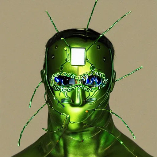 Image similar to man wearing a metal mask with thin green tubes all over his body hyperdetailed, realistic, high - resolution illustration that slightly looks like a comic character