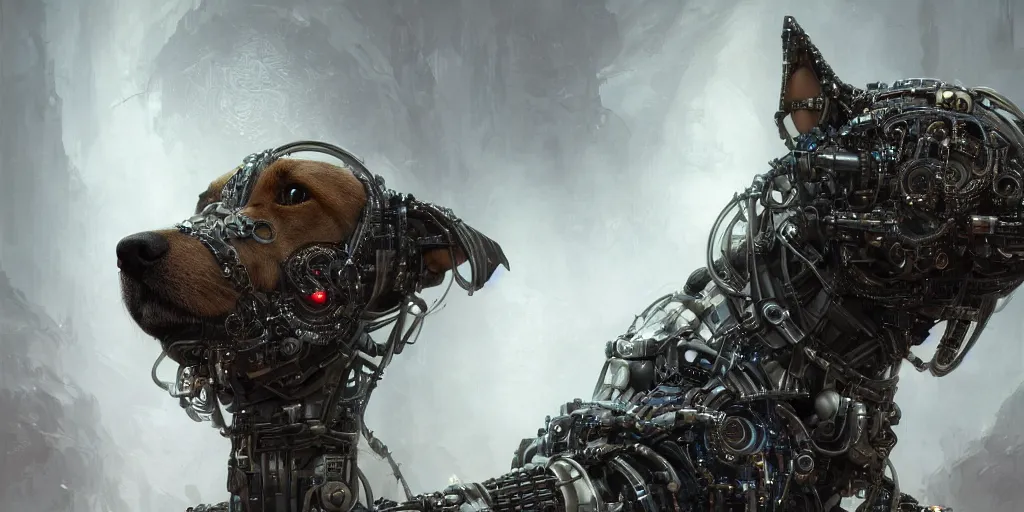 Prompt: a hiper intricate portrait of beautiful cybernetic dog build by artificial inteligence almost done, insanely intricate 3 d render, hyper realistic detailed portrait, scifi, hdri light, photoreal, hyper detailed, clean background, octane render, concept art, by peter mohrbacher, by wlop, by ruan jia