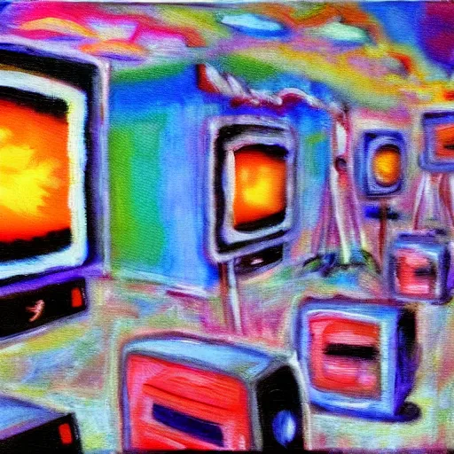 Image similar to fuzzy, furry, array of crt televisions, tv static, antenna, stacked, polaroid, steroids, adult video store, impressionist painting, painting, acrylic painting, cell shaded