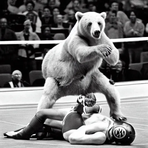 Image similar to maniac marvin mcglory wrestling a bear. madison square garden, 1 9 6 8. award - winning photograph.