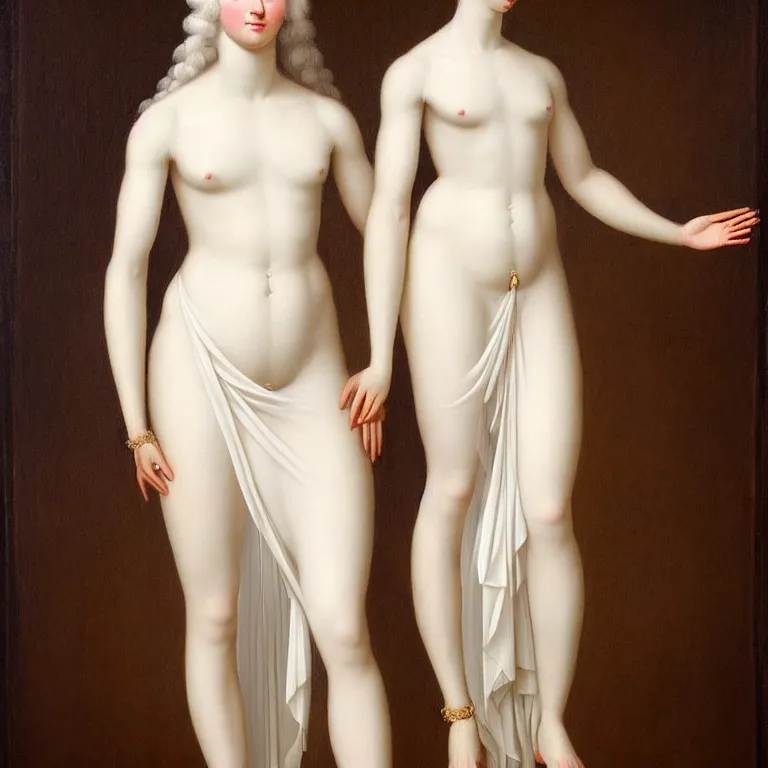 Prompt: neoclassical portrait of a wonderful symmetrical albino goddess with dressed with a majestic semi transparent cotton dress