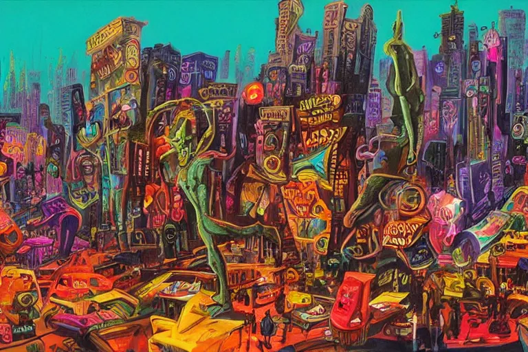 Image similar to surreal colorful nightmarish cityscape, artwork by Ralph Bakshi