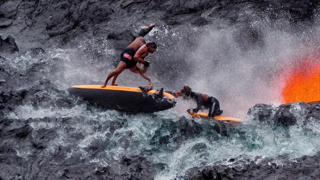 Image similar to person wearing a sponsored team jersey with logos surfing down a river of lava on the side of a volcano on surfboard, action shot, dystopian, thick black smoke and fire, sharp focus