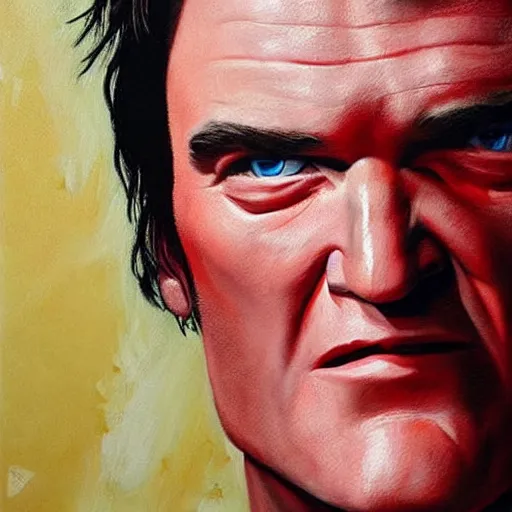 Image similar to the hyper - realistic painting of quentin tarantino regardant son prochain film au cinema