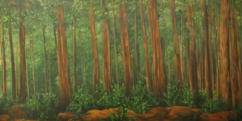 Prompt: a painting of the majic hour, dense pine forest, lush vegetation, hazy
