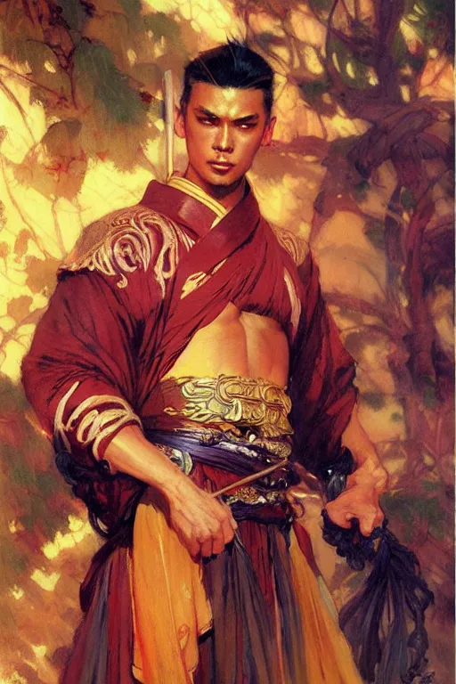 Image similar to wuxia, attractive male, character design, colorful, painting by gaston bussiere, craig mullins, j. c. leyendecker, tom of finland