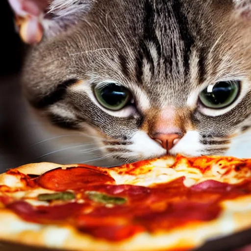 Prompt: close up of a cute cat eating pizza, off camera flash, fine hair detail, fine cat whiskers, sigma 24mm f/8